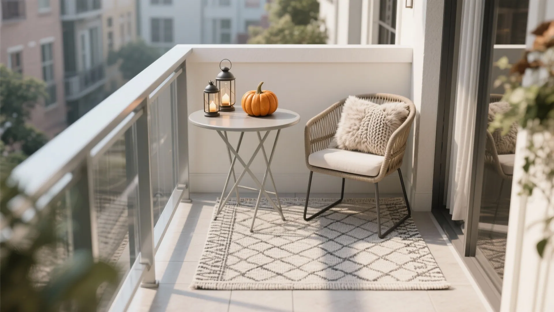Small balcony nook with a bistro chair, faux fur pillow, knit pumpkin, and lanterns.