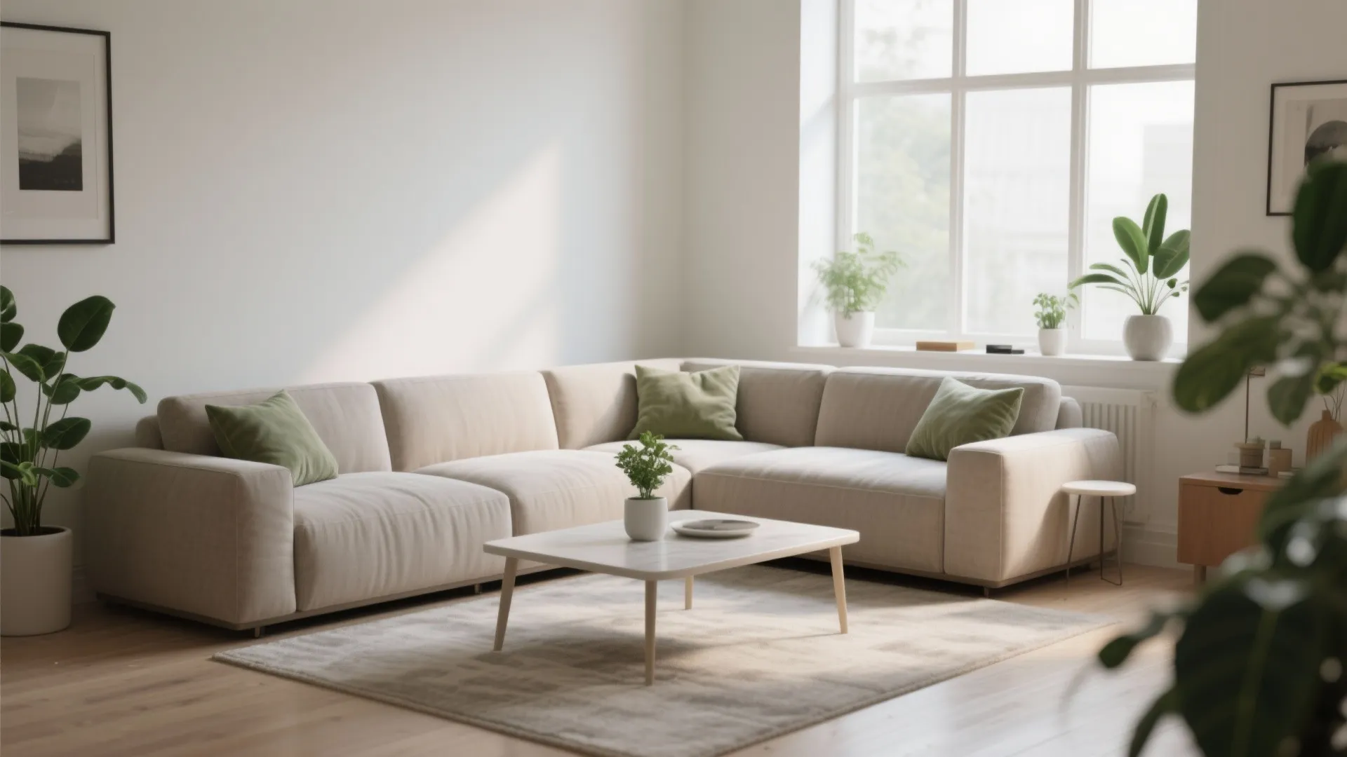 Large beige sofa with green pillows in a bright room with white walls and windows
