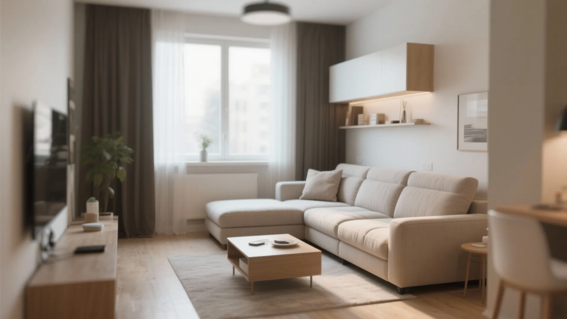 Modern living room with beige sofa wood coffee table white wall cabinet and big window