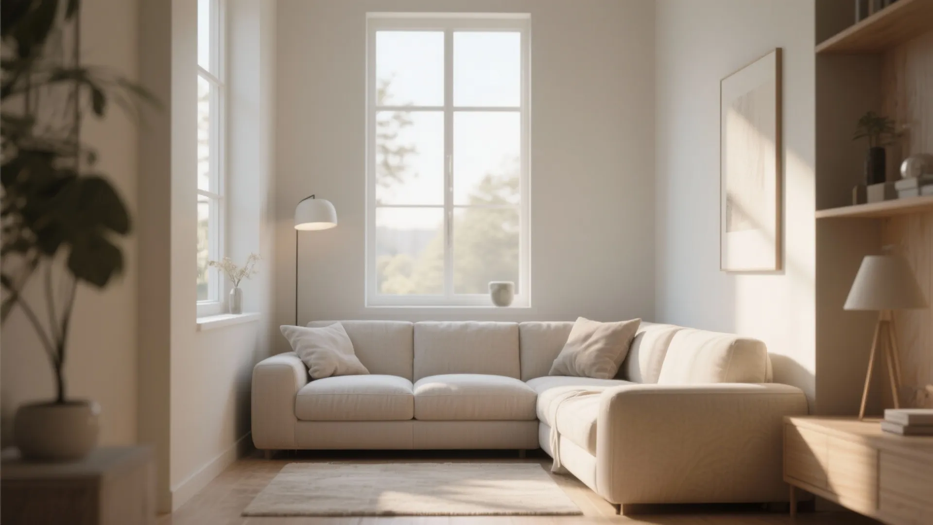 Minimalist living room featuring a beige sectional sofa floor lamp large windows and natural sunlight