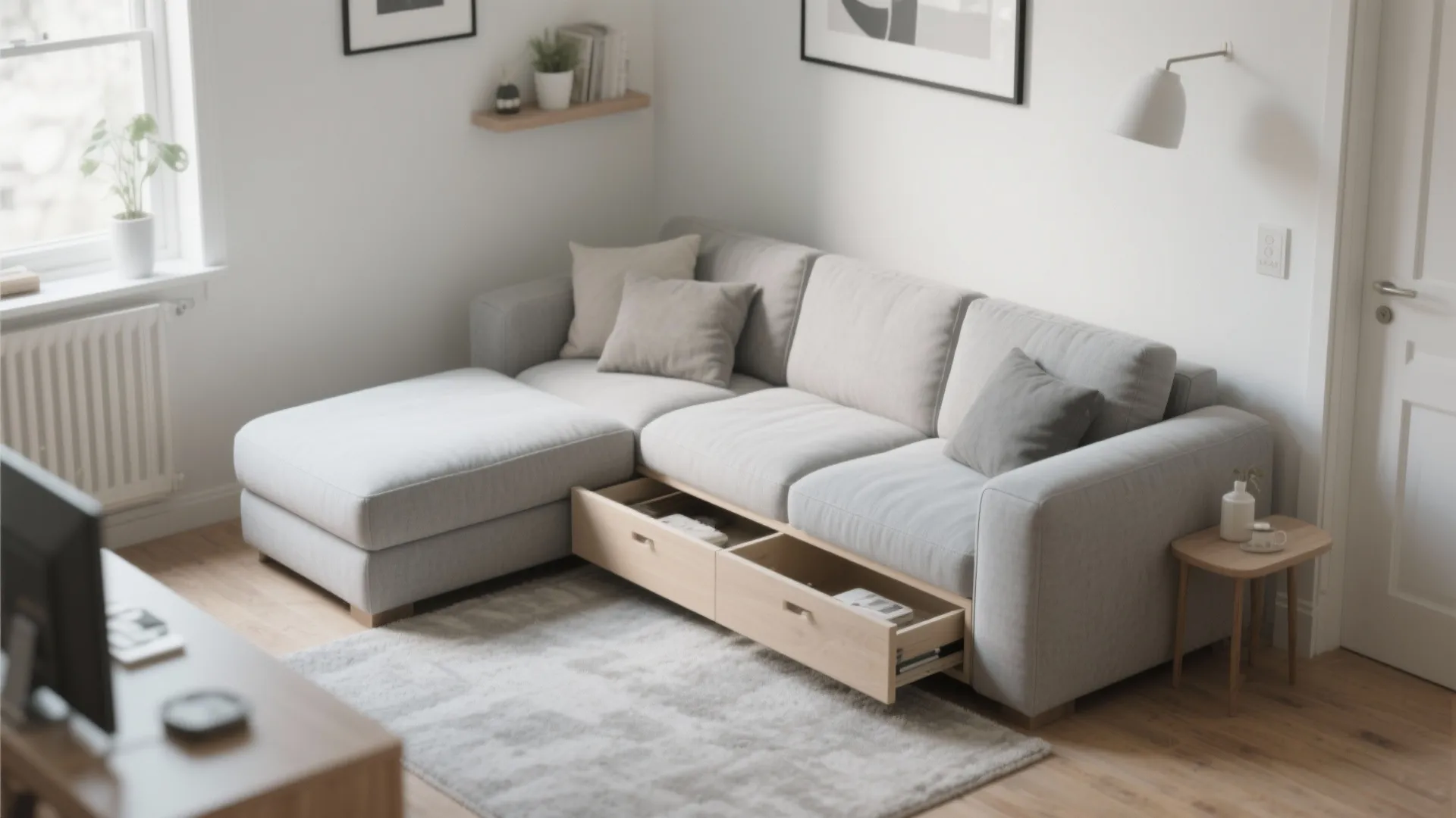 Grey corner sofa with open wooden storage drawers underneath sitting on a soft grey rug