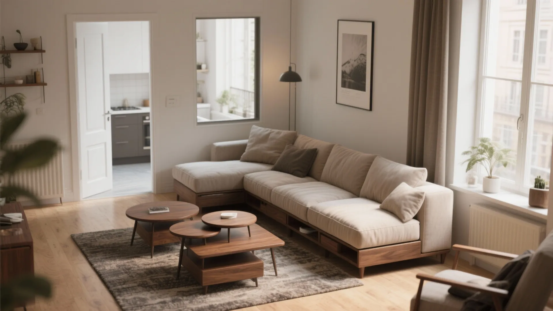 Modern living room with beige sofa wood coffee tables grey rug and view of small kitchen