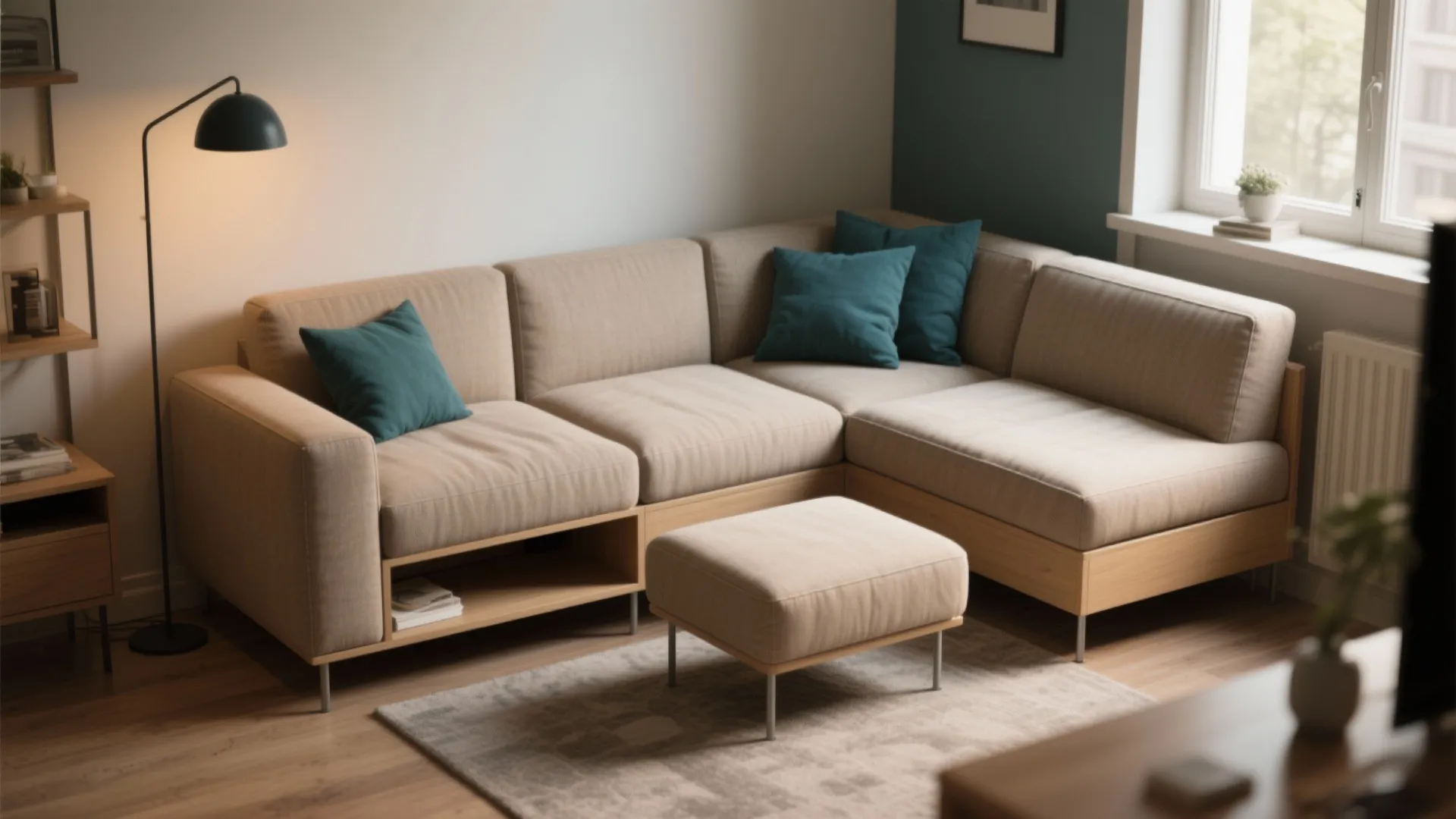 Modern tan sofa with green pillows footrest black floor light and wooden shelves in room