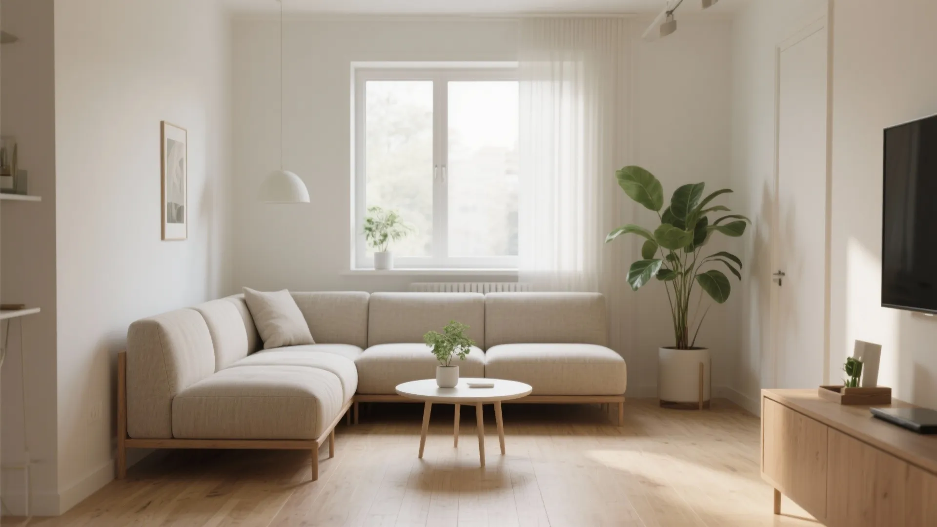 Modern living room with beige sectional sofa round coffee table green plant and bright window light