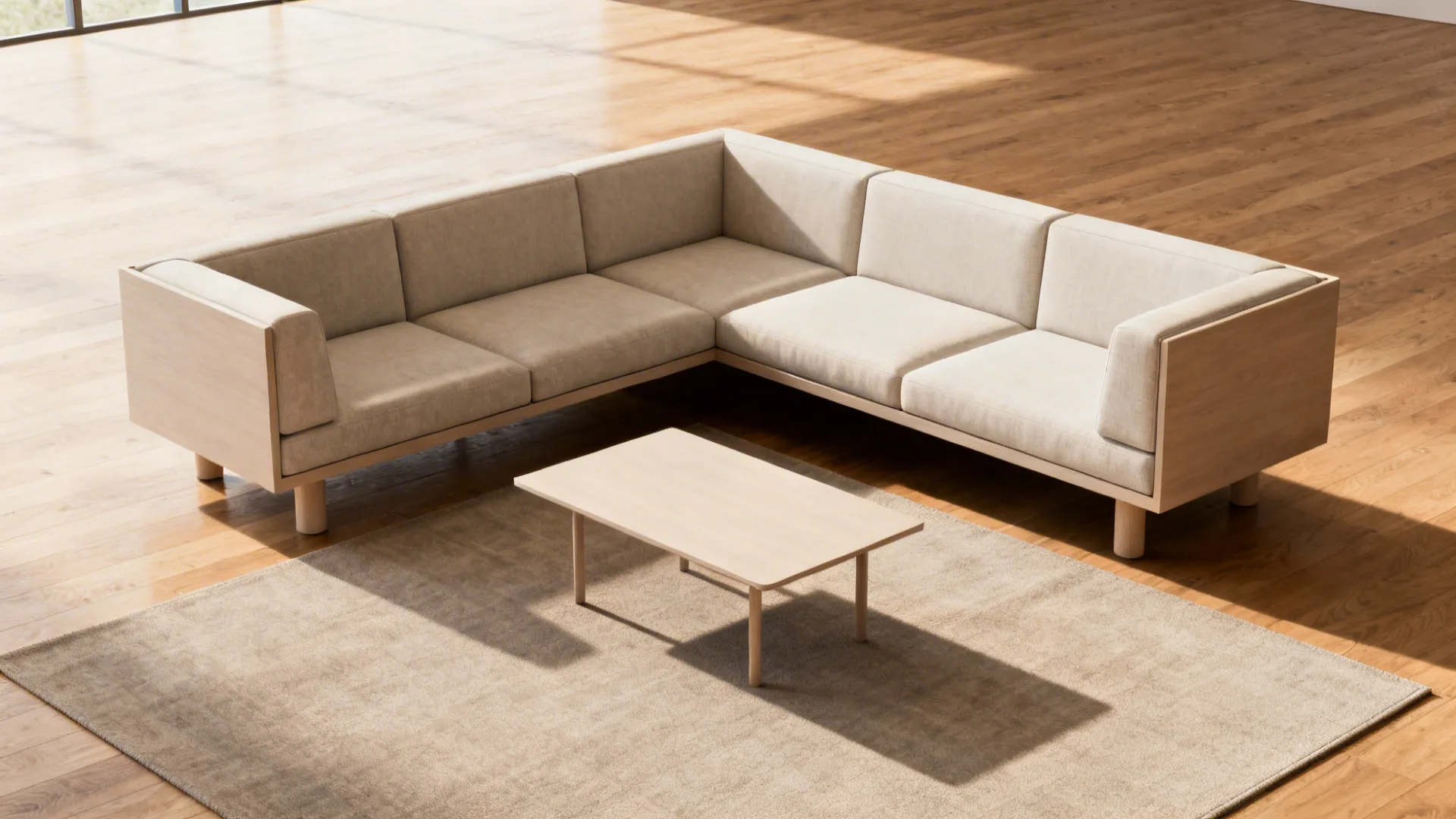 Compact sectional with raised legs and correct coffee table scale in a small drawing room