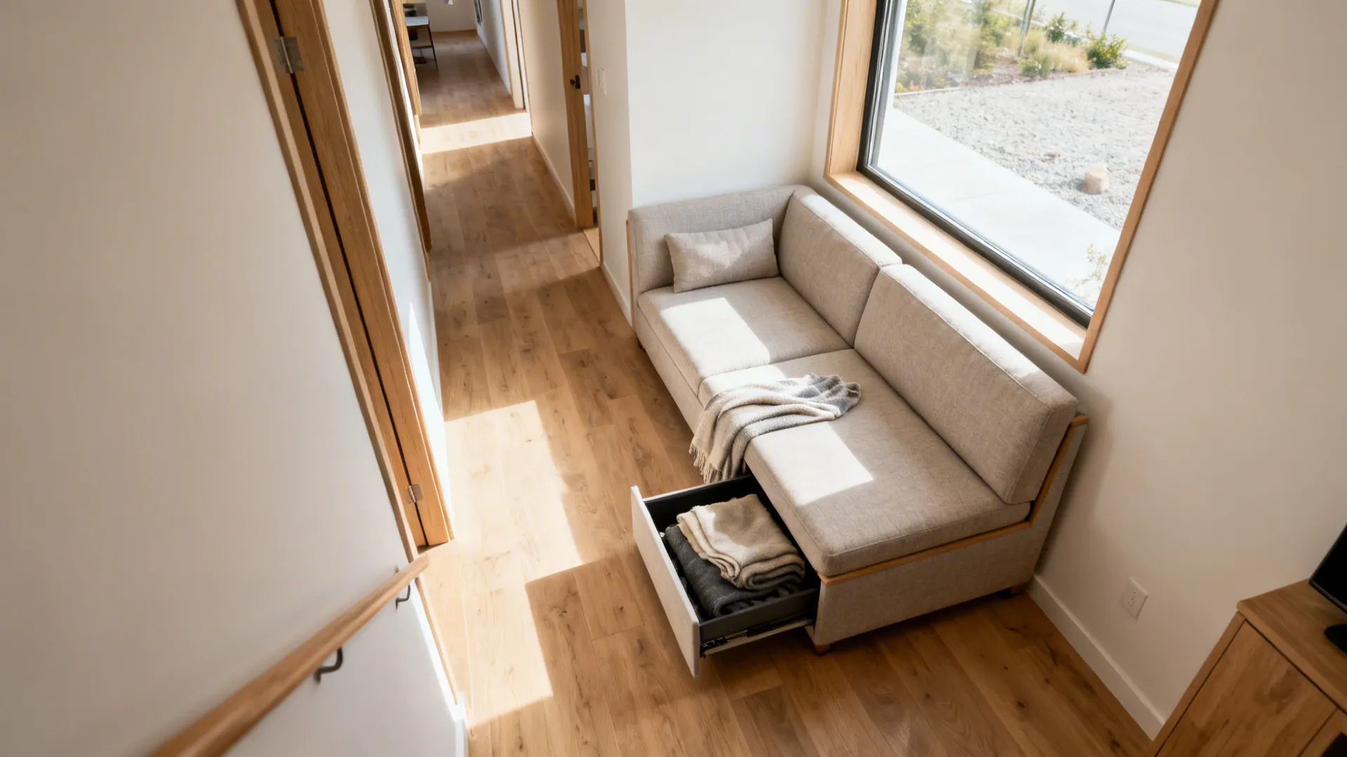 Compact reversible-chaise sectional in a narrow living room with a clear walkway.