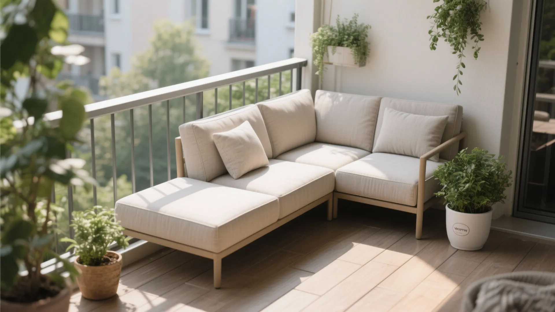 Modern balcony featuring a beige corner sofa with pillows and various green potted plants outside