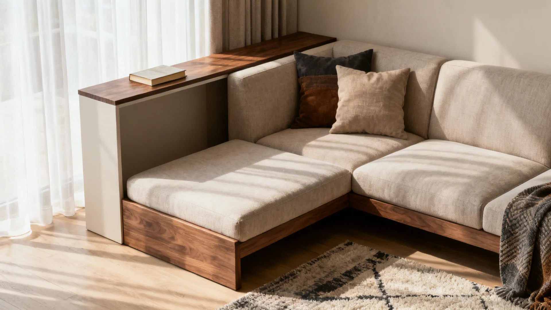 Corner reading nook with a compact sectional and short chaise plus a slim console behind