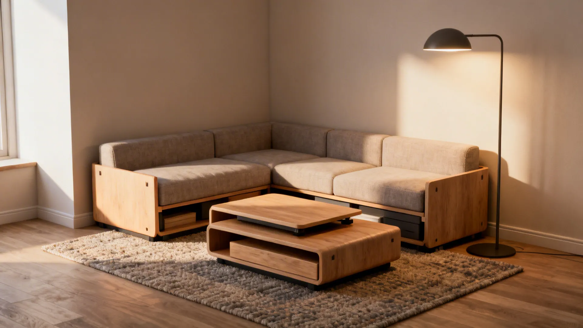 Compact L-shaped sectional with nesting coffee tables and a floor lamp in a small apartment corner.