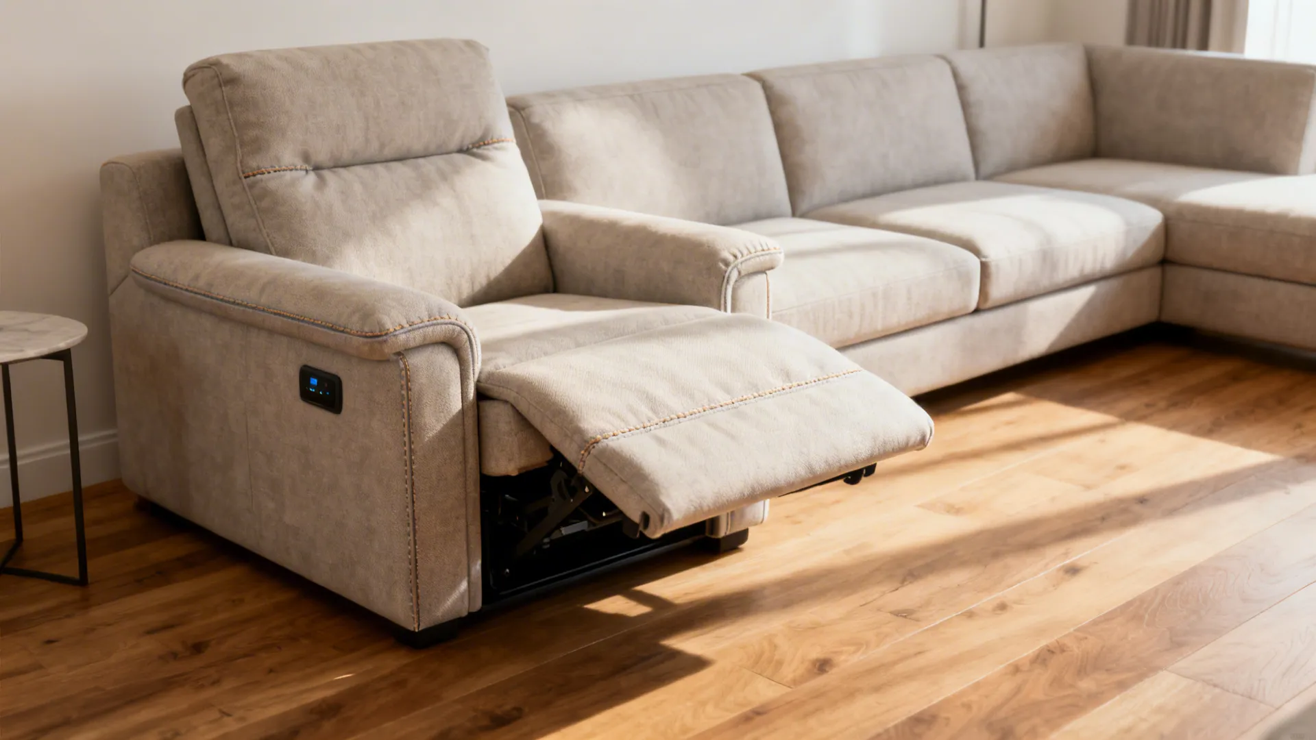 Small living room with a compact sectional that has a built-in recliner at one end, leaving clear walkways.