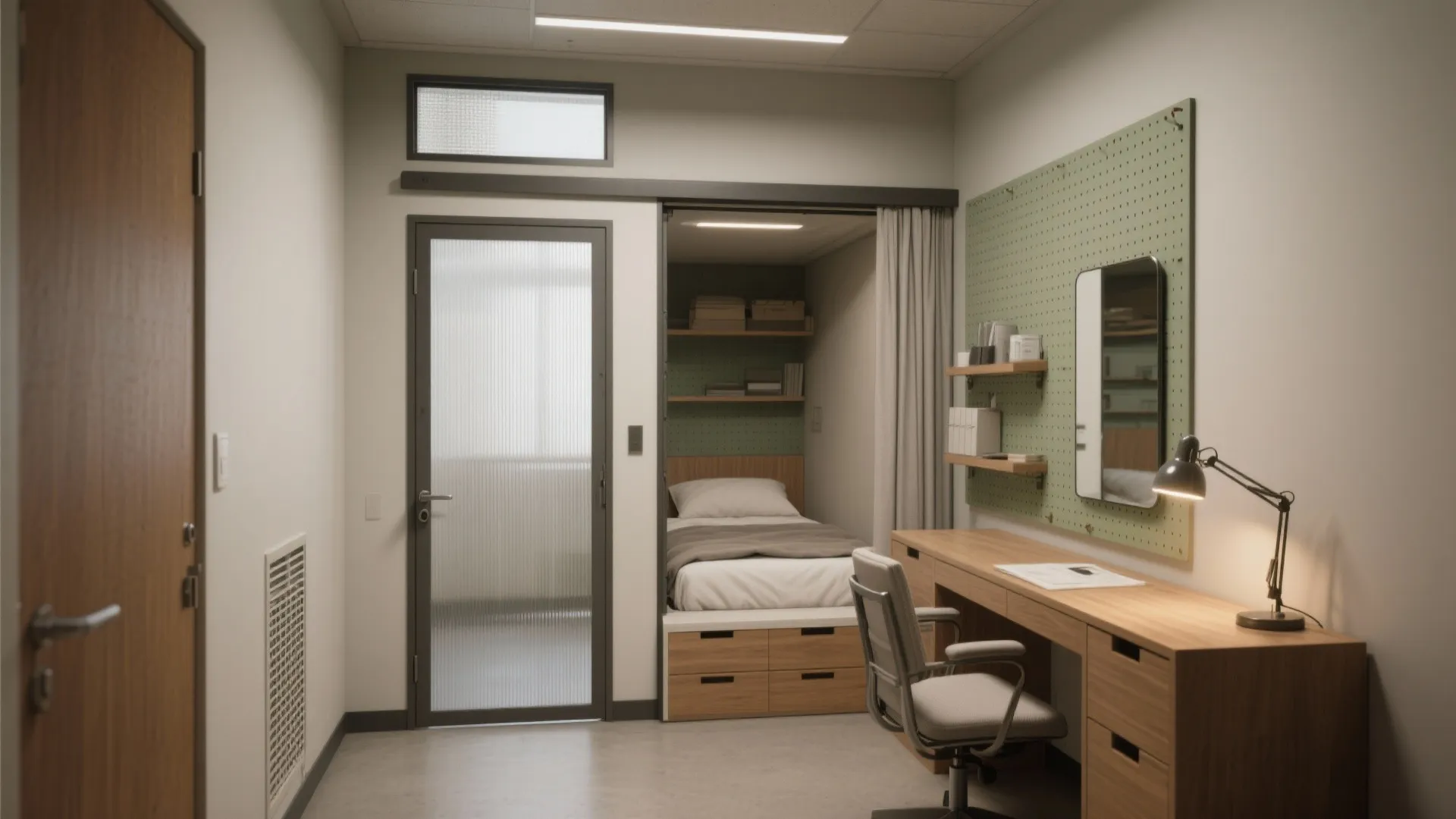 Small functional room with a single bed and wooden desk next to a green wall