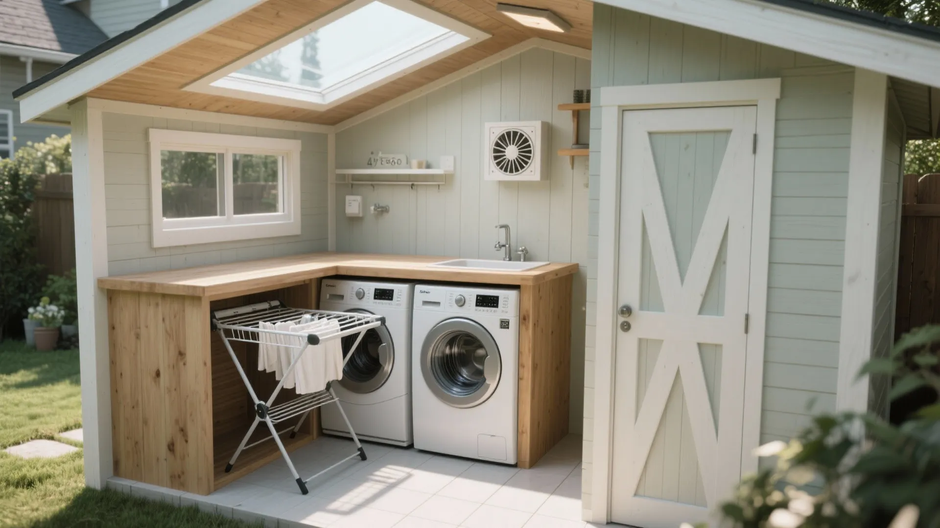Small green garden laundry shed featuring two washing machines wooden countertop sink and bright skylight