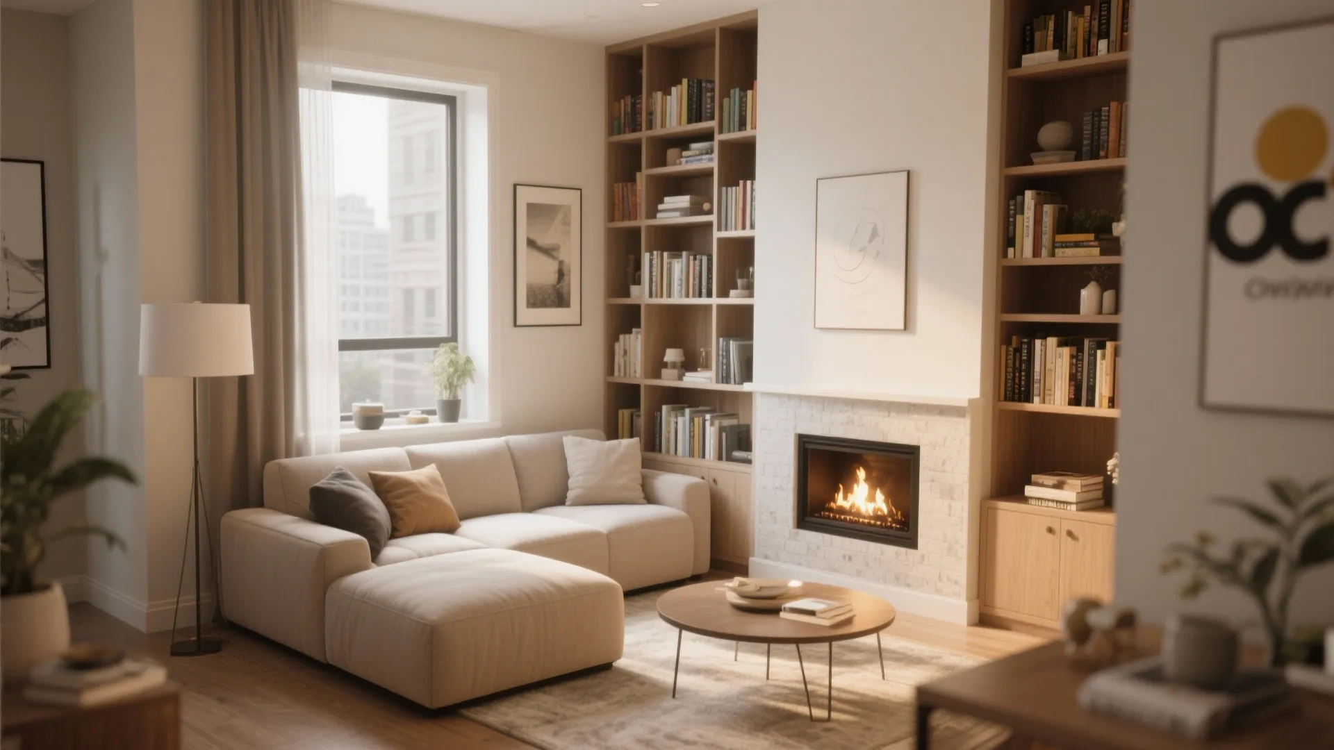8. Compact Sectional with Built-In Shelving and Fireplace