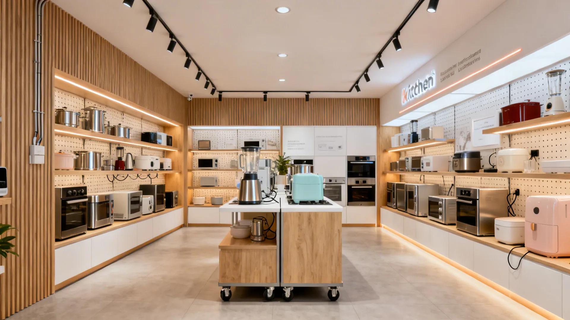 Modern kitchen appliance shop with wooden shelves displaying small electronics under black ceiling track lights