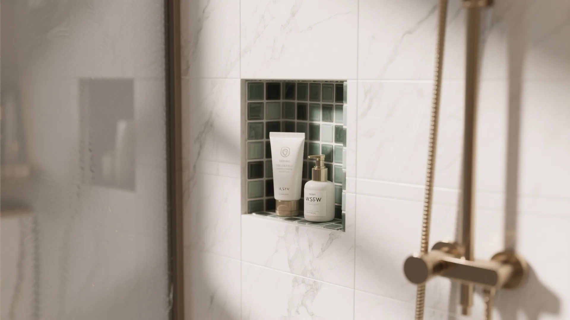 Marble wall shower shelf with green tiles holding white soap bottles and gold shower head