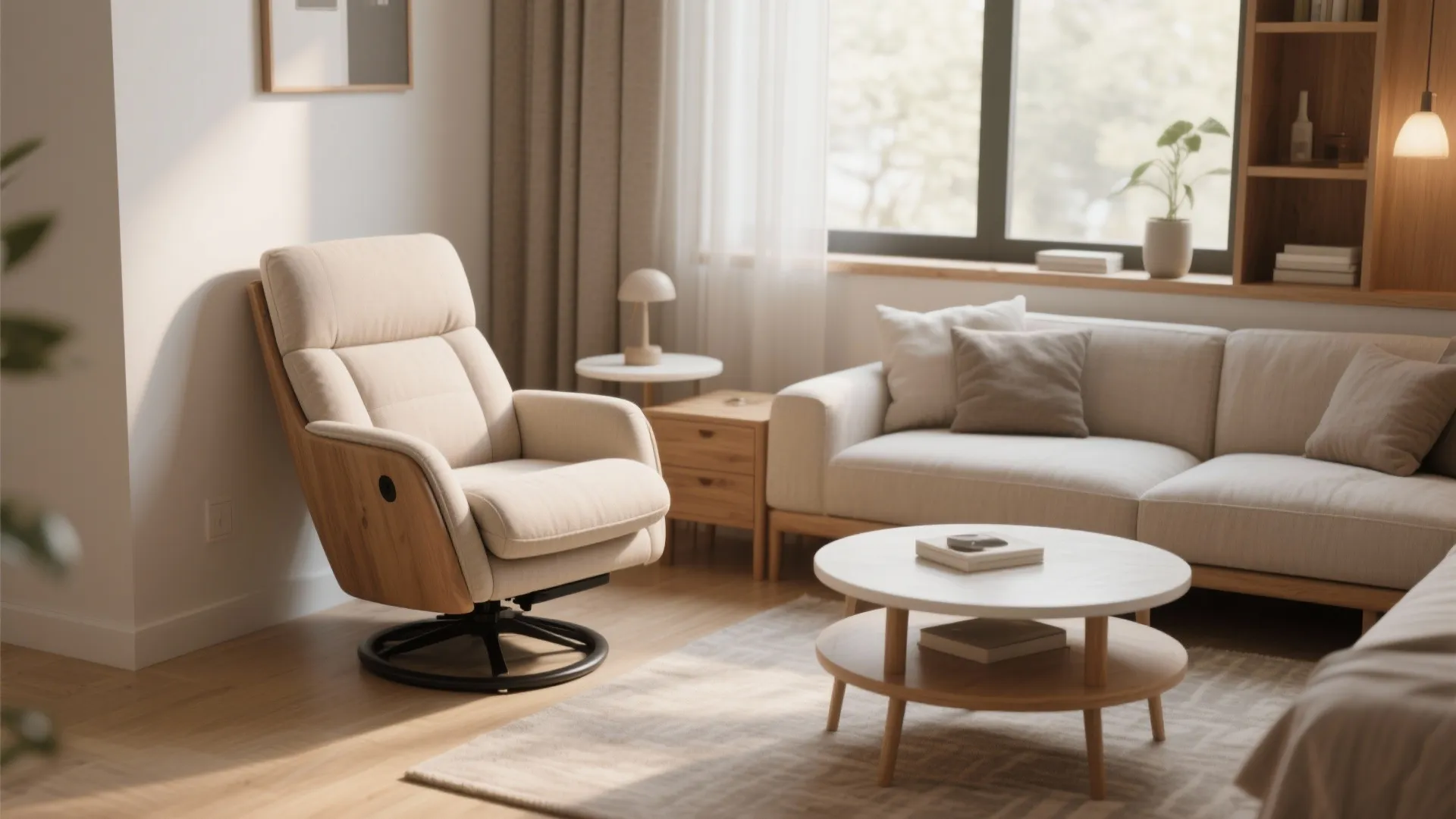 Swivel recliner with compact nesting side table