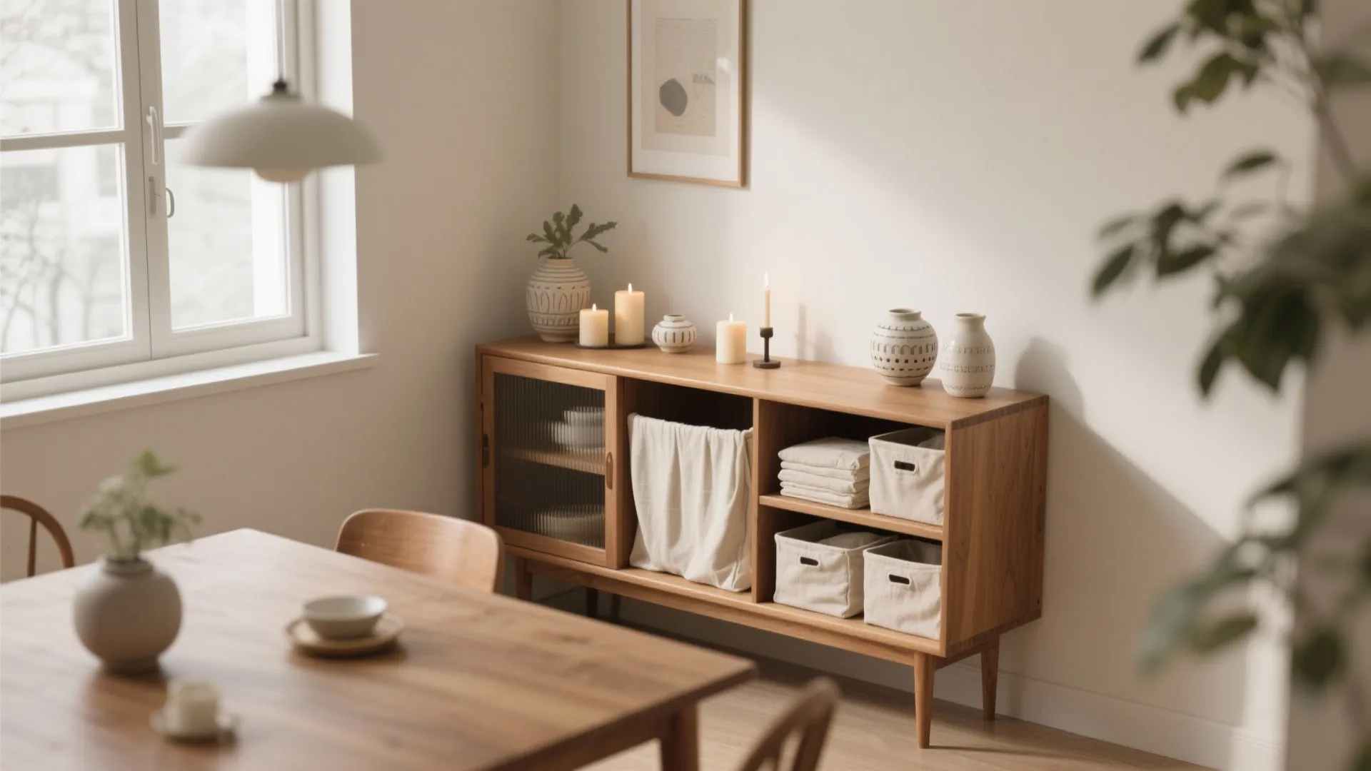 Wooden storage cabinet with candles and vases placed near a dining table in a room