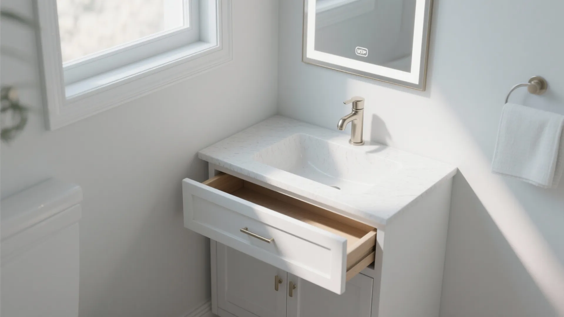 3. Compact single-drawer vanity for narrow bathrooms