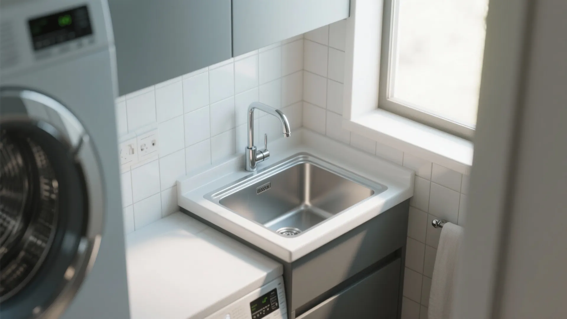 Compact utility sink in corner of laundry room