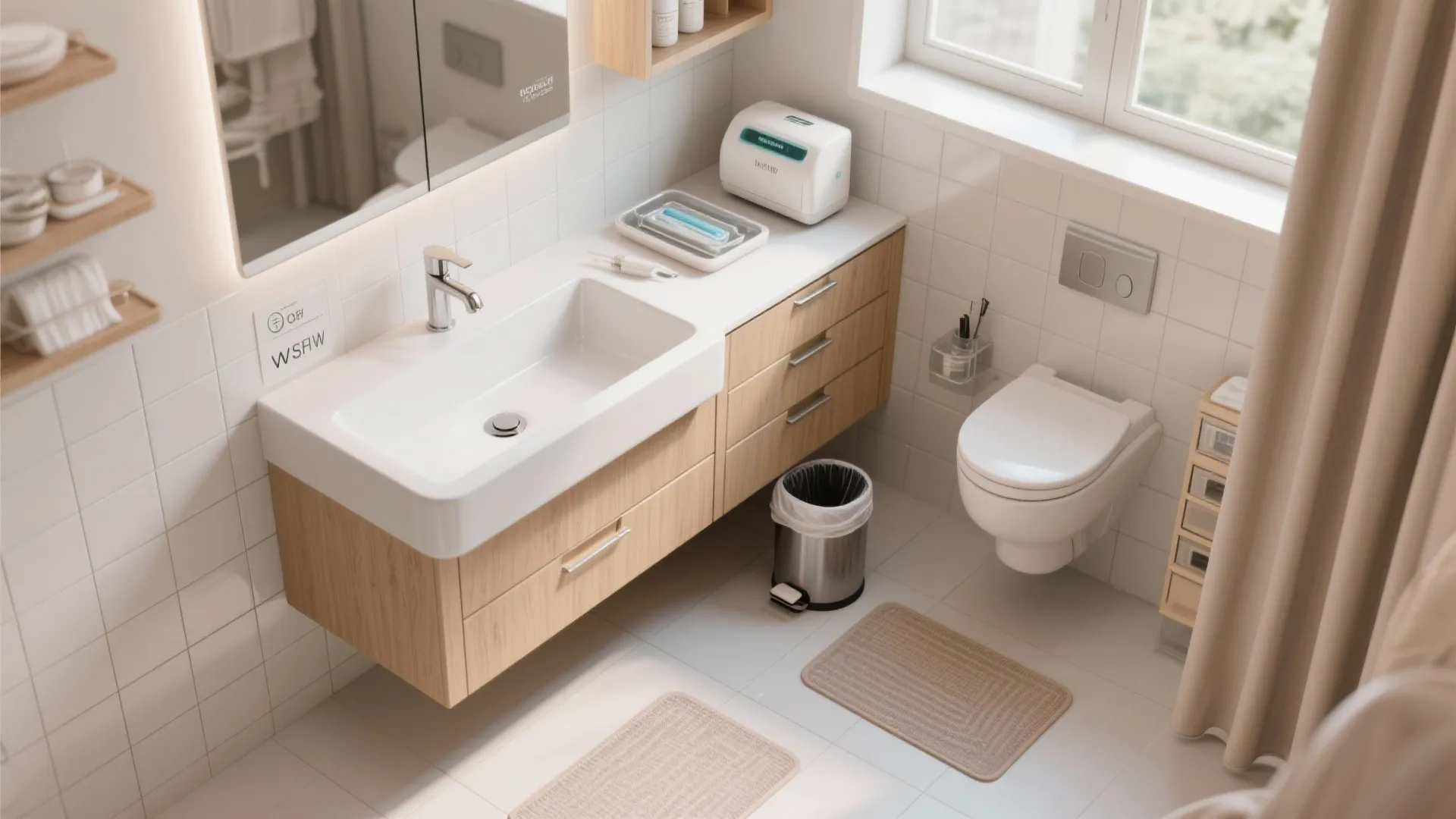 Modern bathroom with wooden cabinet white sink wall toilet silver trash can and natural window light