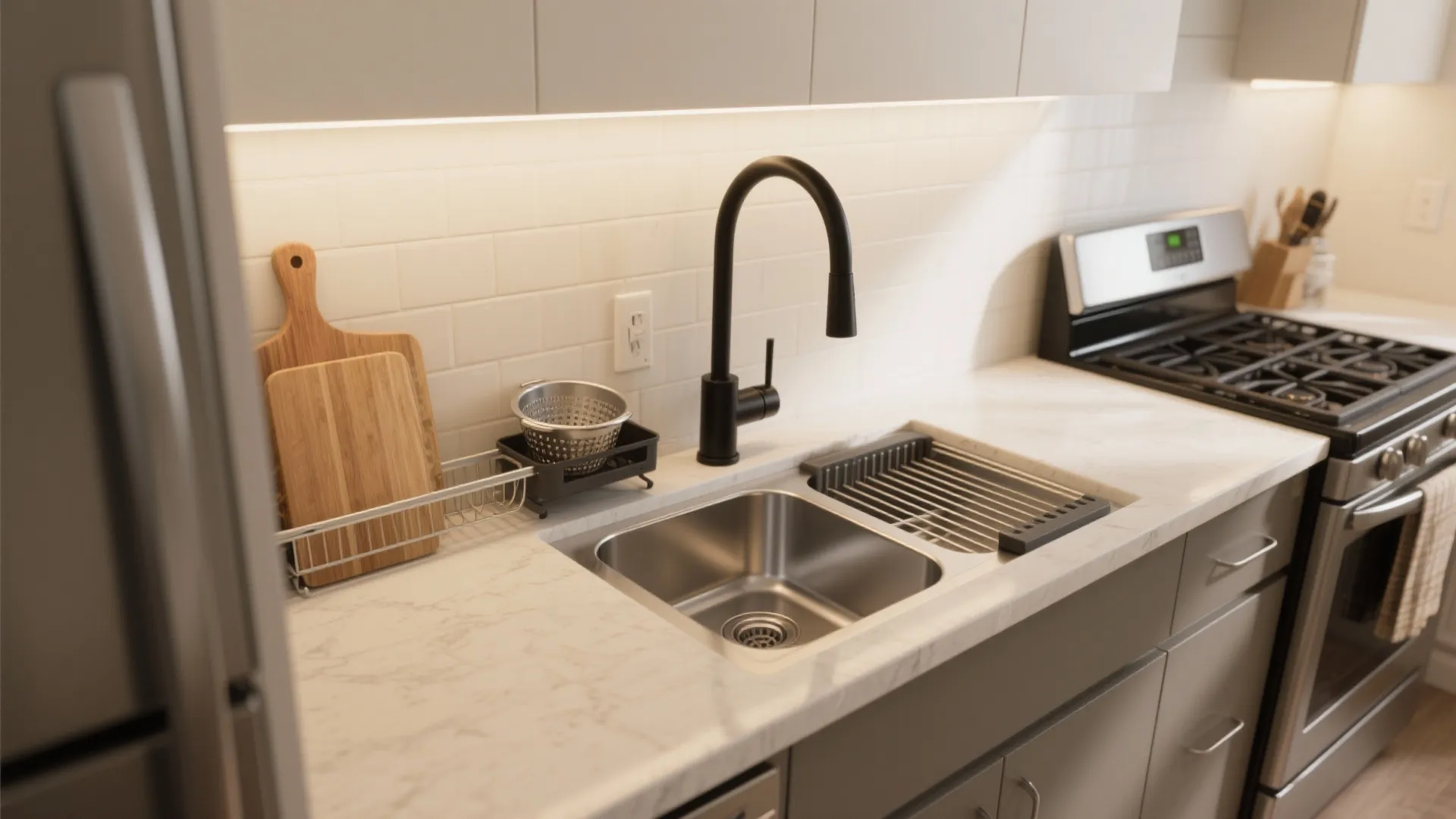 Modern kitchen with stainless steel sink, black water tap, white marble countertop, and grey cabinets