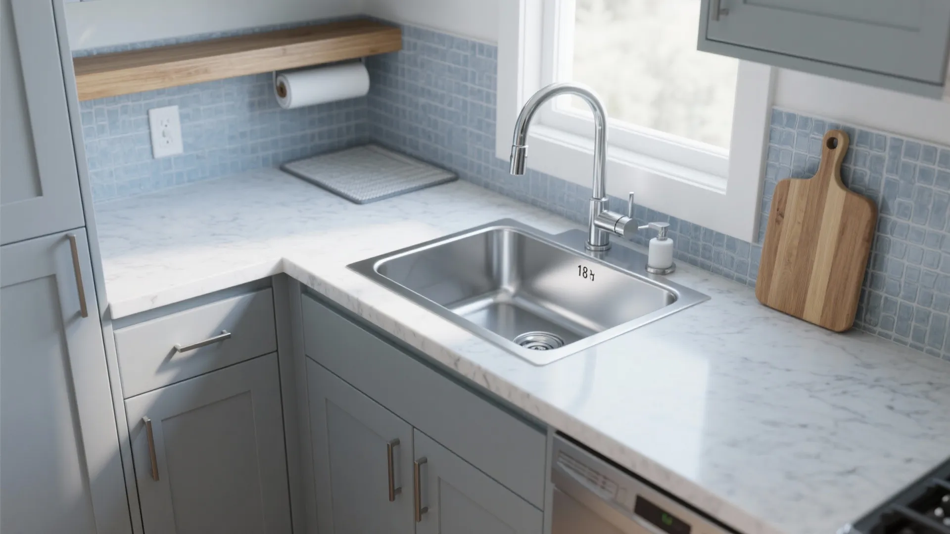 Stainless steel sink on marble countertop with blue tiles, grey cabinets, and a wooden board