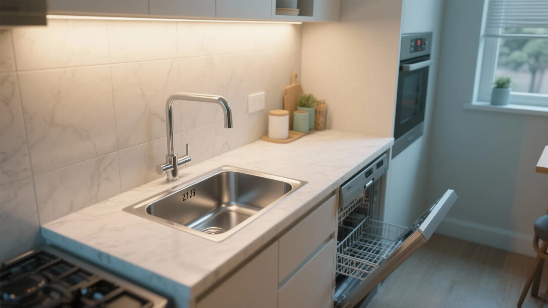 Modern white kitchen featuring stainless steel sink, marble countertop, open dishwasher, and simple white cabinets