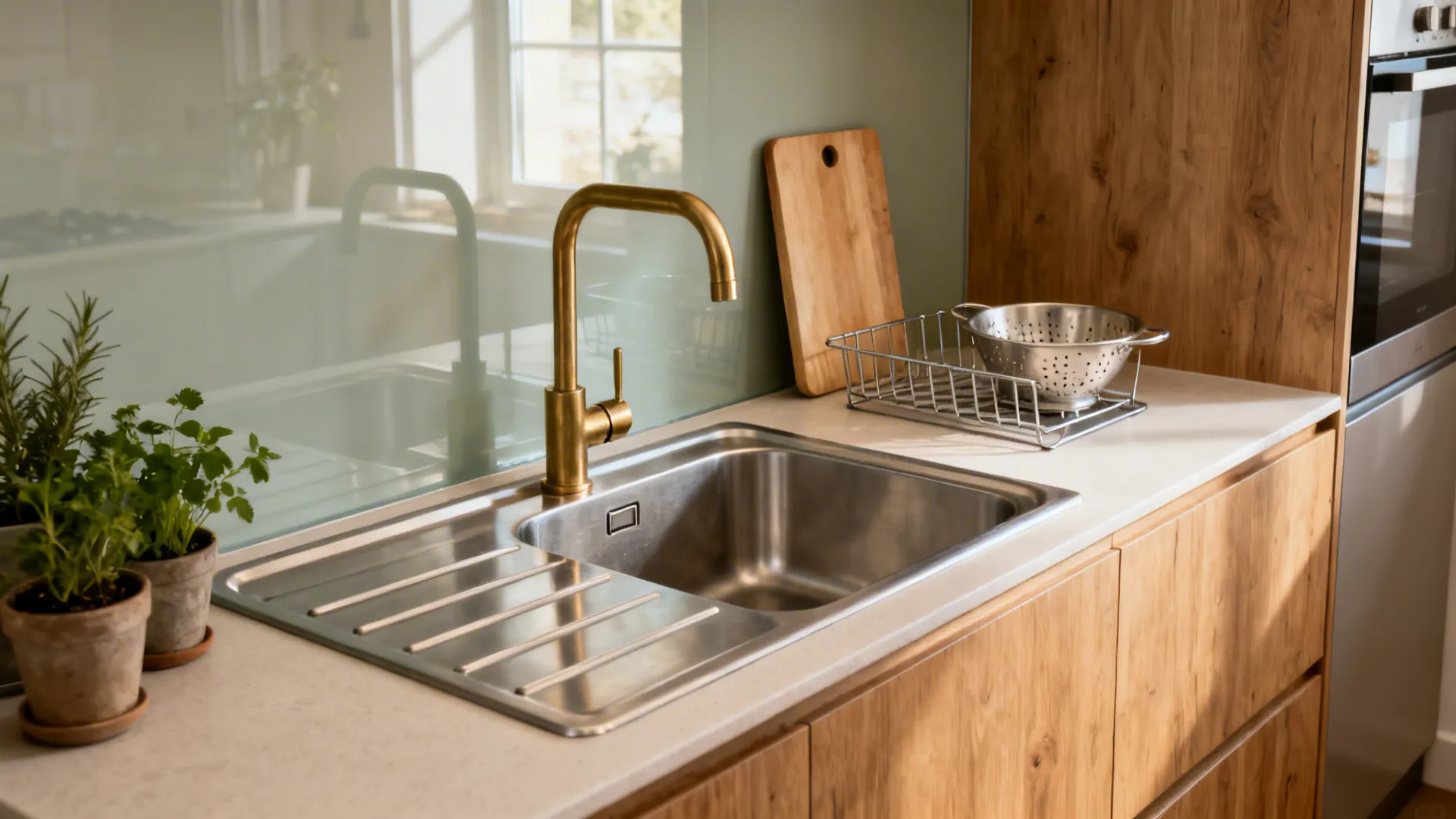Modern kitchen featuring wooden cabinets a stainless steel sink gold faucet and small green plants