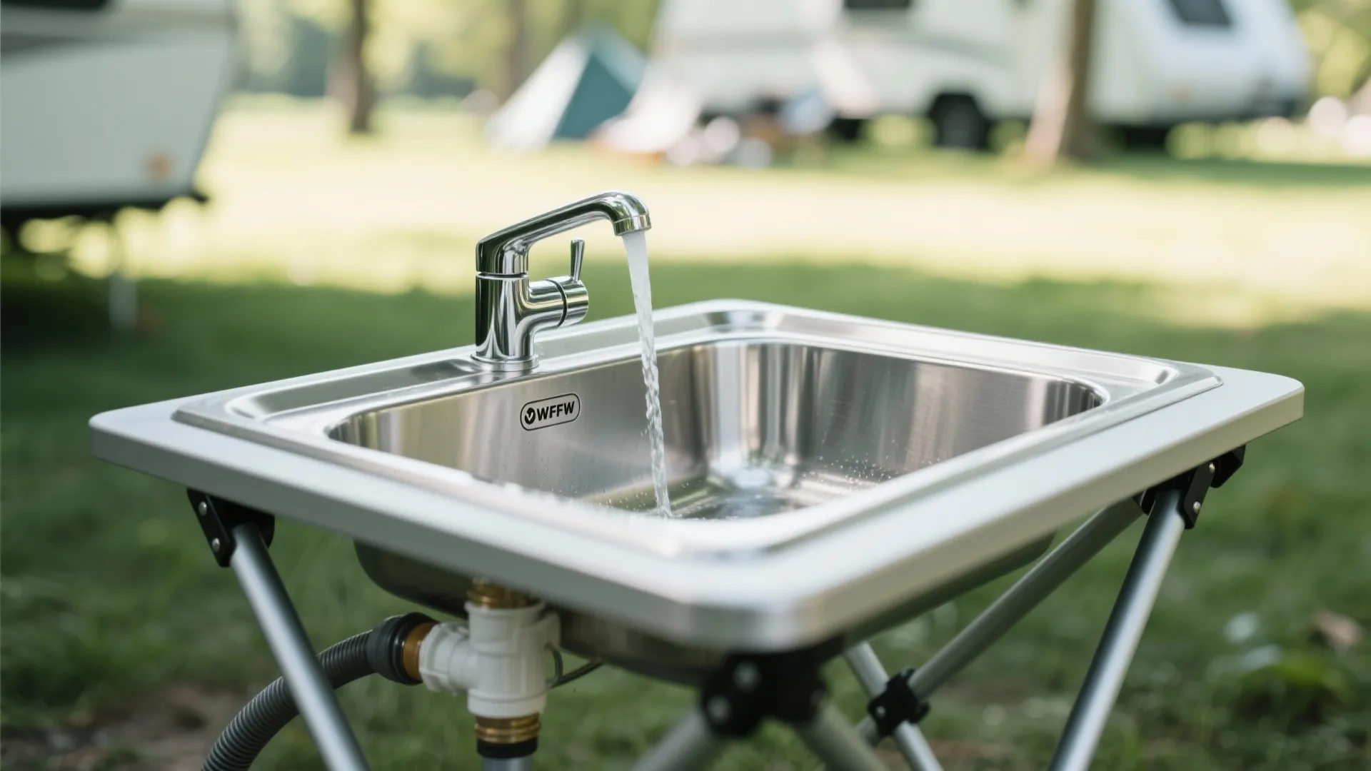 Portable stainless steel sink on folding stand with water running from tap in green field