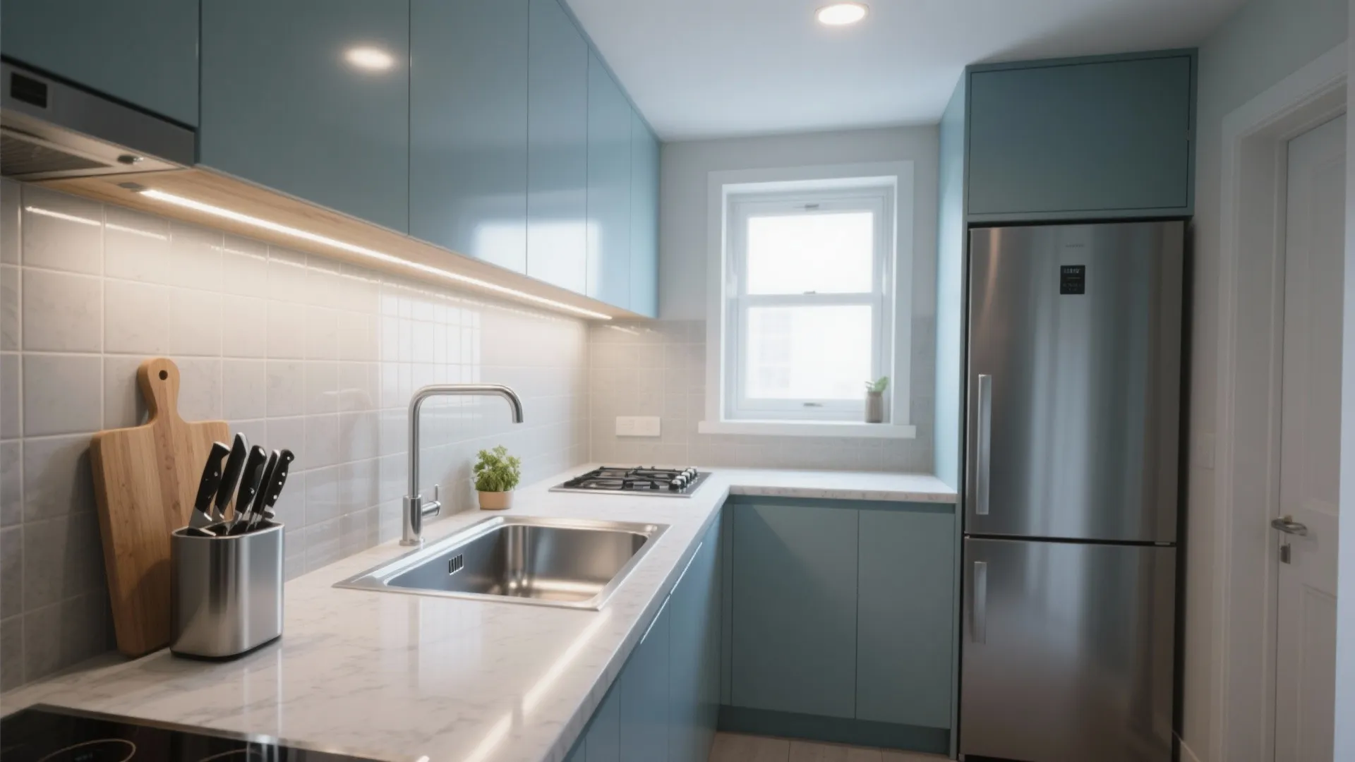 Modern blue kitchen cabinets with white marble countertop stainless steel sink and large silver refrigerator