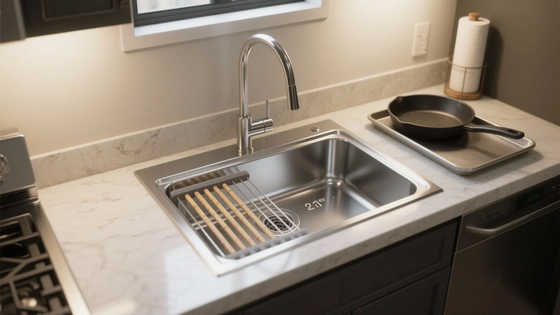 Modern stainless steel kitchen sink with silver faucet drying rack and pan on marble countertop