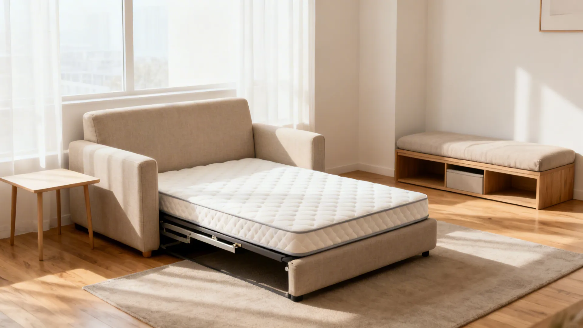 Small living room with a compact sleeper sofa partially opened, showing a neat memory foam mattress.