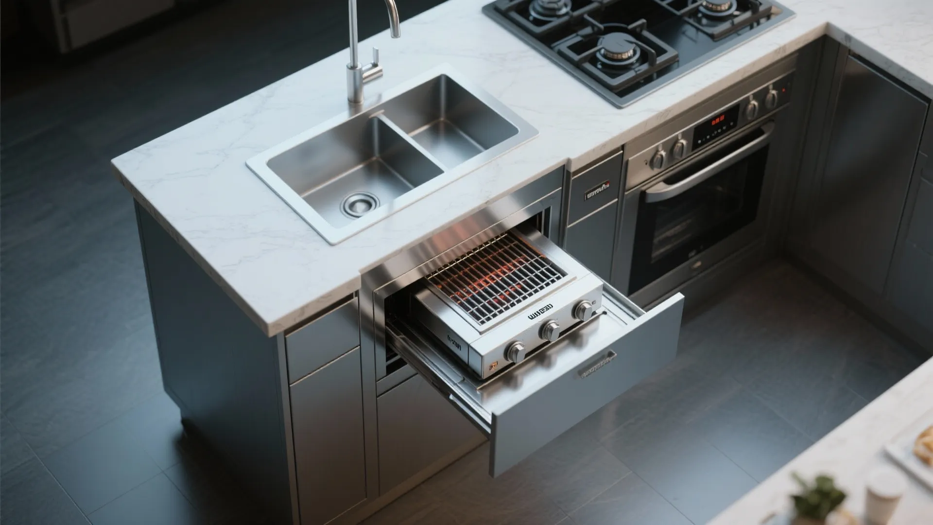 Compact slide-in hibachi grill unit in a small kitchen island