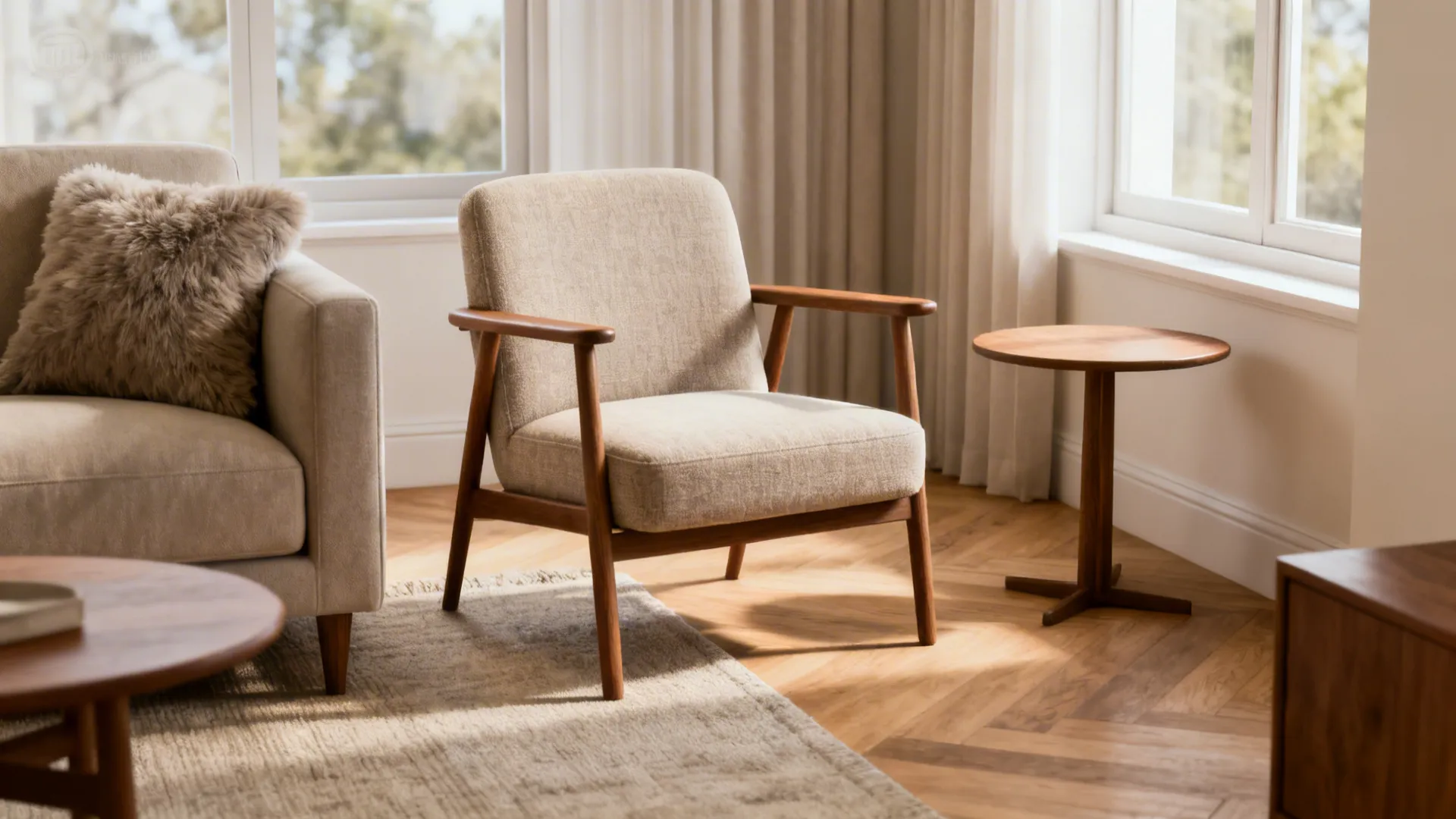 Compact mid-century armchair with slim arms placed between a sofa and a window with a side table.