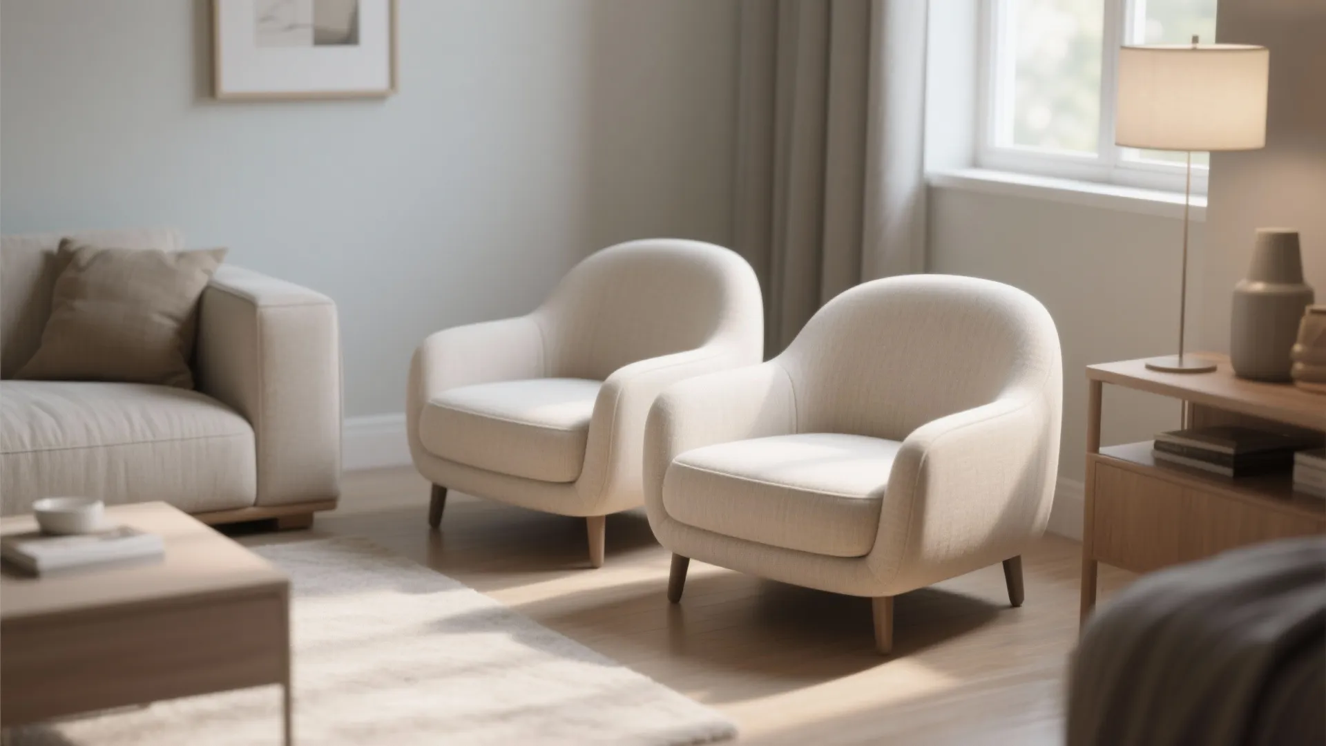 Pair of compact armless slipper chairs in a small bright living room