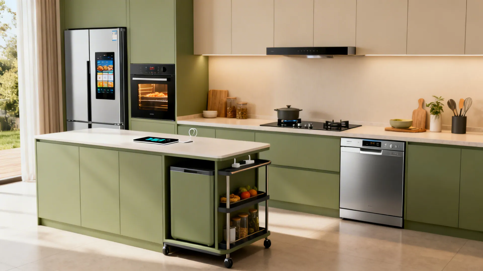 Compact smart appliances in a small kitchen: slim fridge, combo oven, induction range