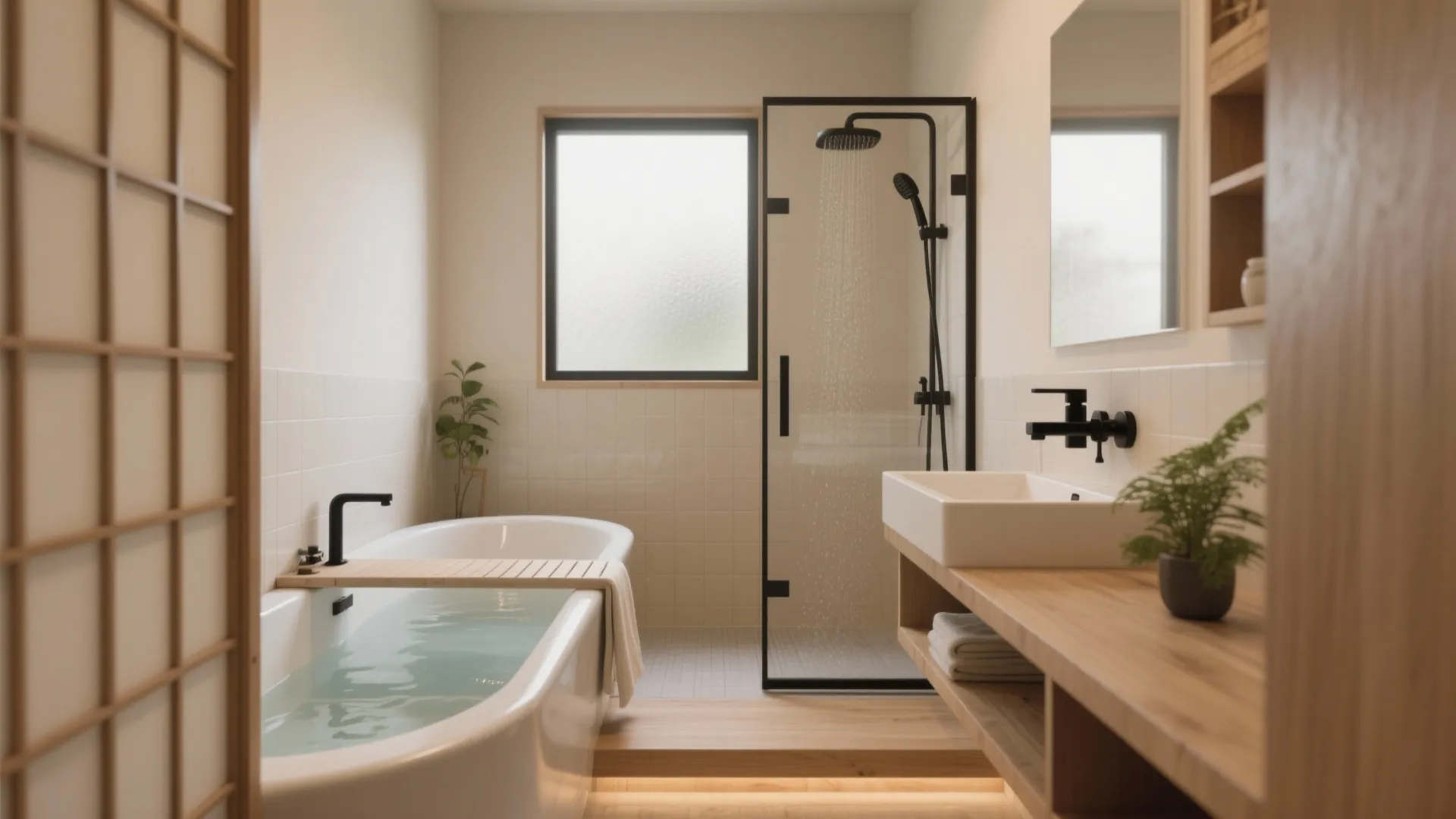 Modern bright bathroom with white bathtub glass shower cabin wooden vanity sink and neutral tile walls