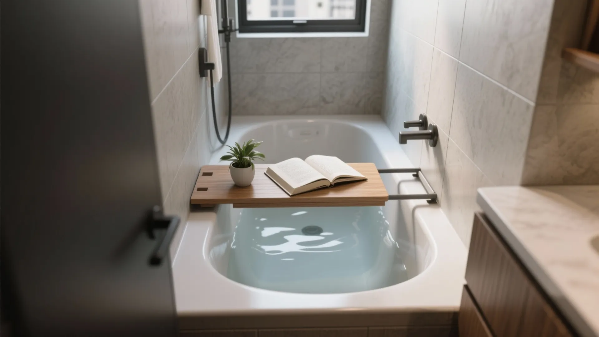 Compact white bathtub with water wooden tray holding a small plant and an open book