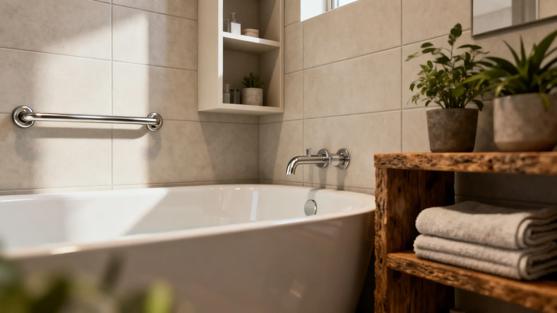 Detail of a compact deep soaker tub with wall-mounted storage and grab bar