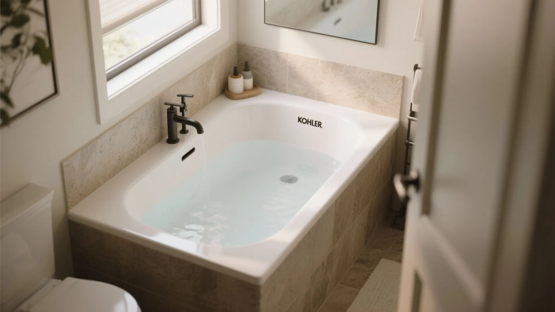Small deep soaking tub in a cozy modern bathroom