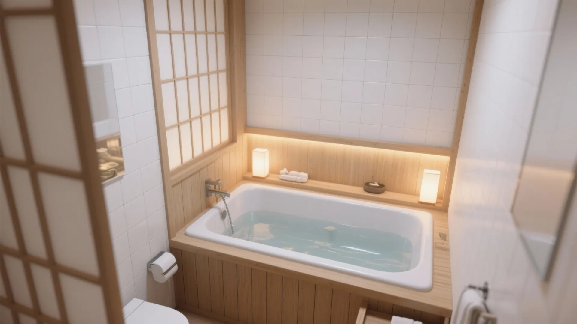 Minimalist Japanese bathroom featuring a white bathtub with wood surround and warm glowing table lamps