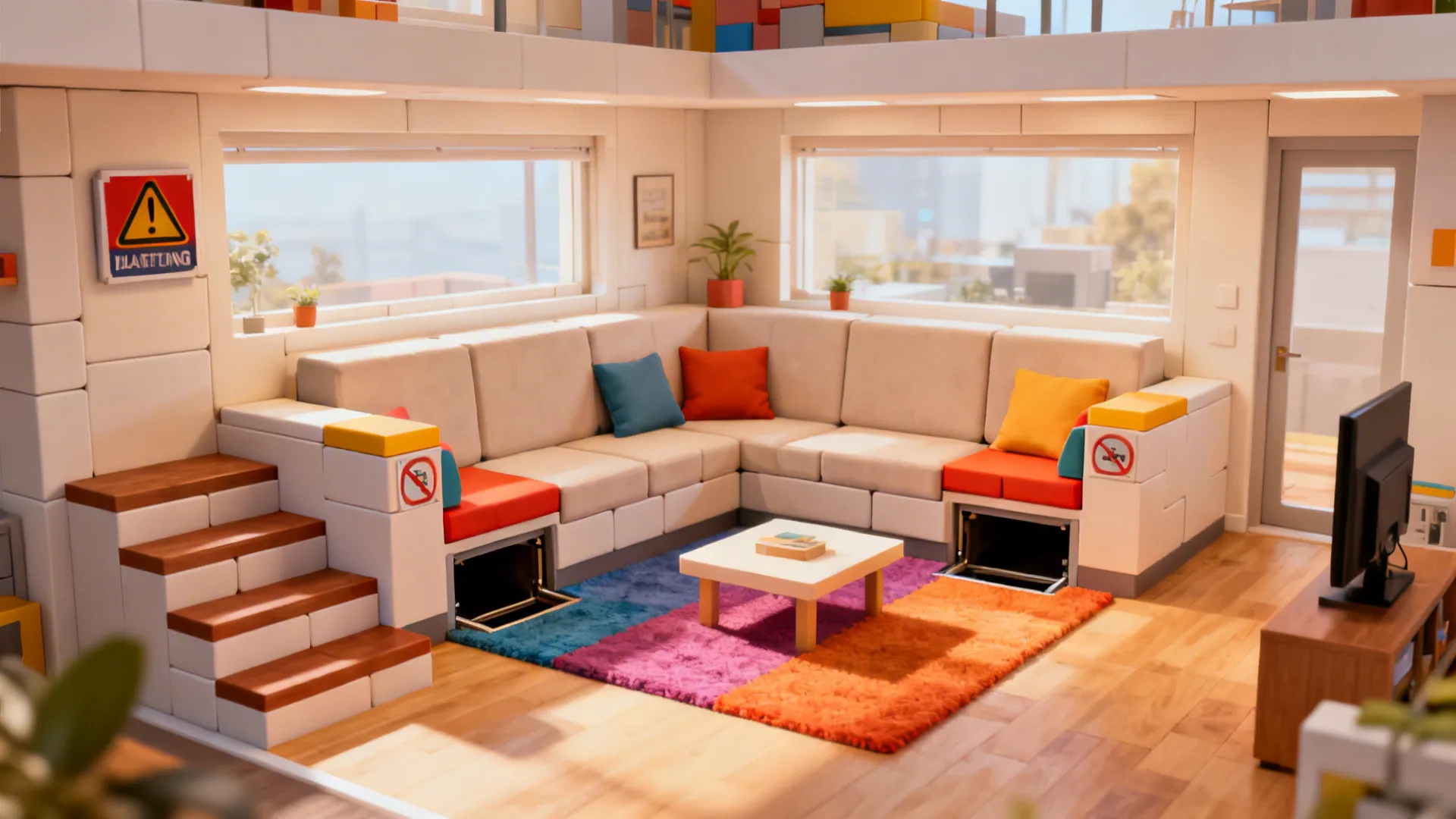 Compact L-shaped blocky sofa using stairs and carpets in a small Minecraft living room.