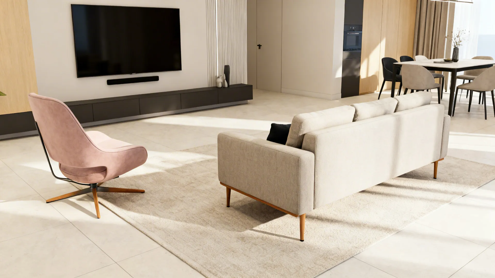 Compact three-seater with a slender swivel chair in an airy small living room.