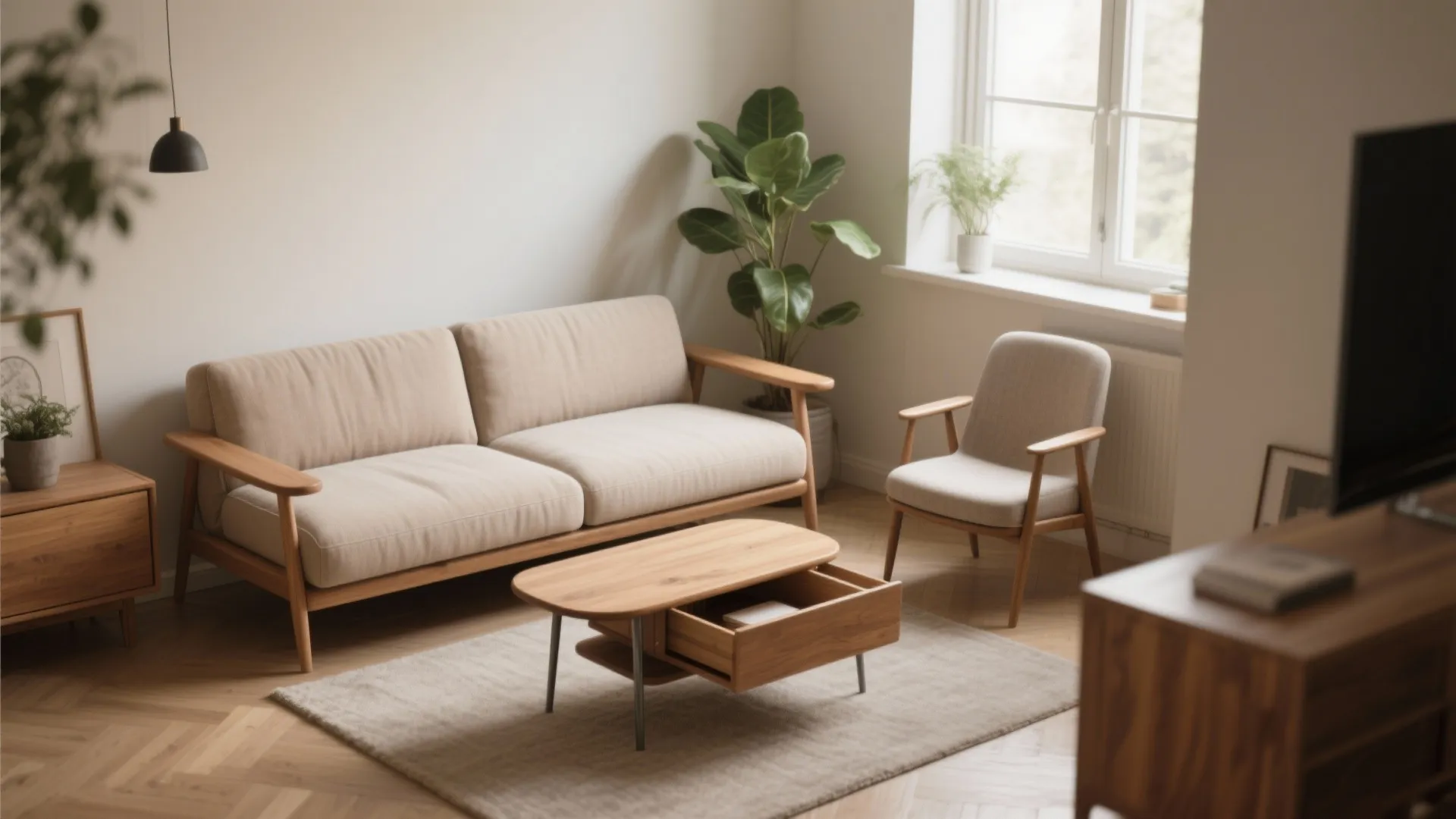 1. Compact sofa + accent chair + nesting coffee table