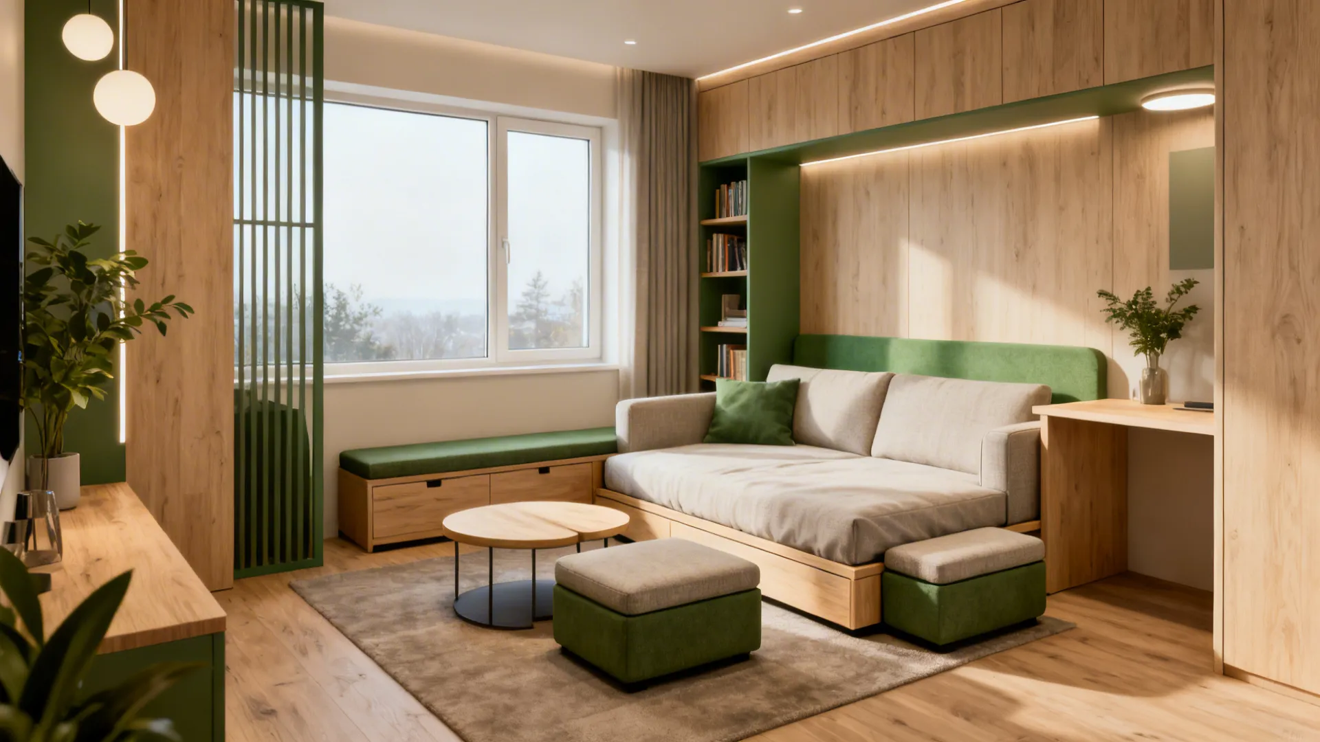 Modern studio with wood wall panel green sofa round coffee table footrest bookshelf and light