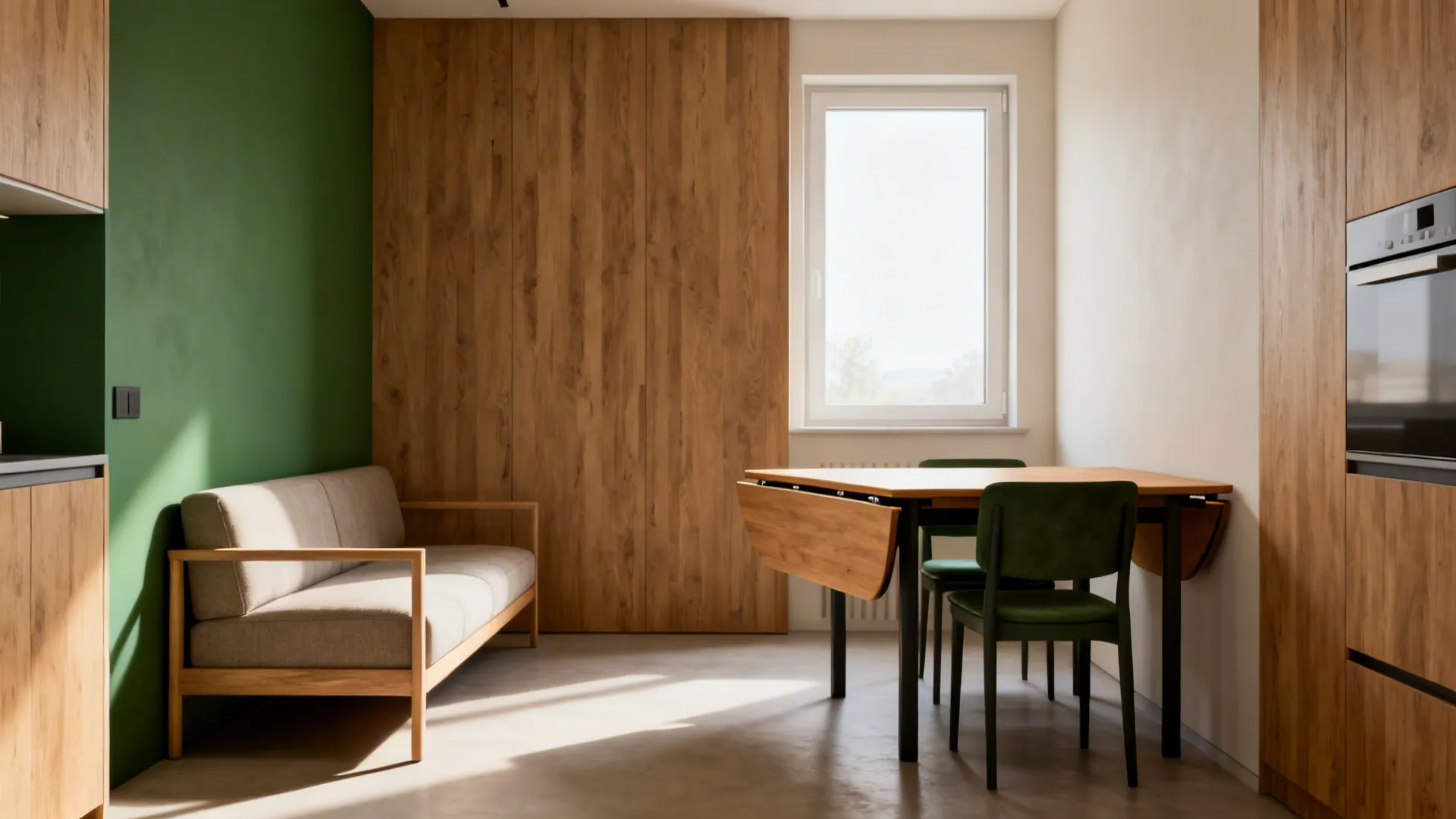 Narrow-depth sofa beside a half-extended drop-leaf dining table in a small open-plan room