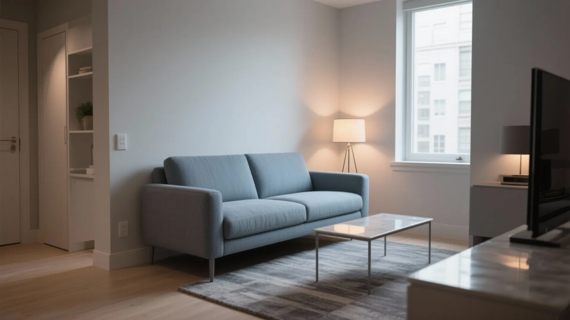 Modern living room featuring a blue sofa marble coffee table grey rug and floor lamp