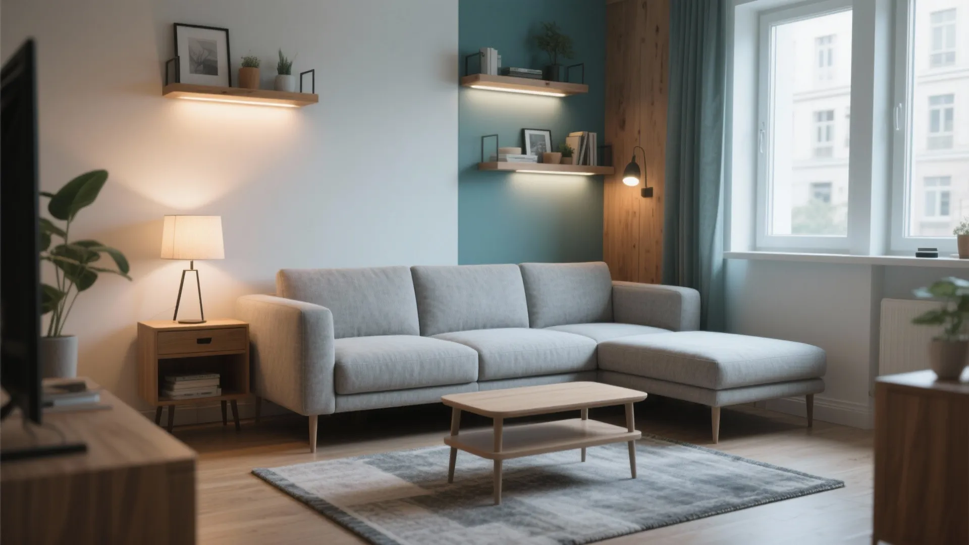 Modern living room with grey sofa wooden coffee table side table floor lamp and wall shelves