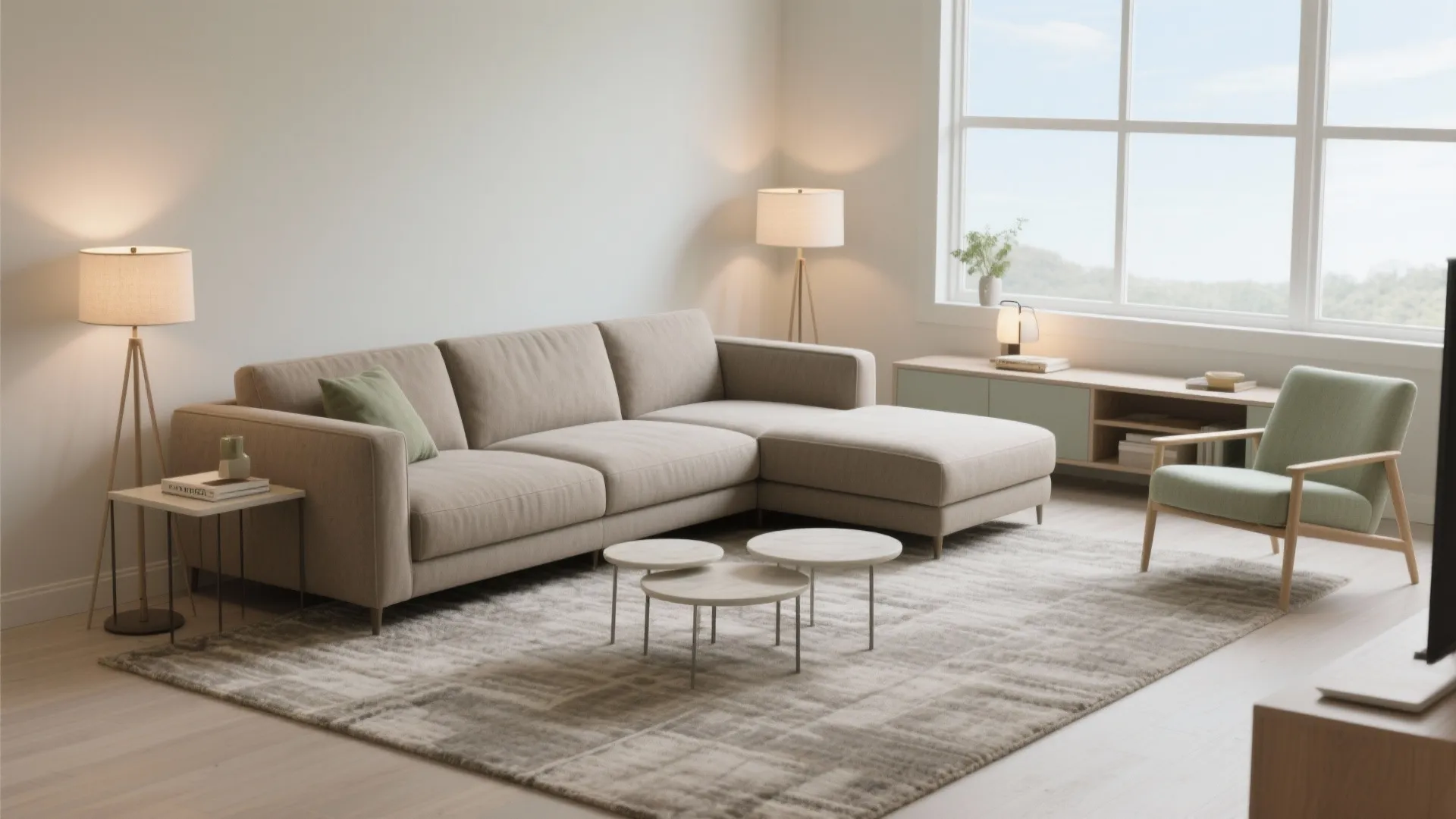 Modern living room with beige sofa green armchair wooden coffee tables floor lamps and large windows