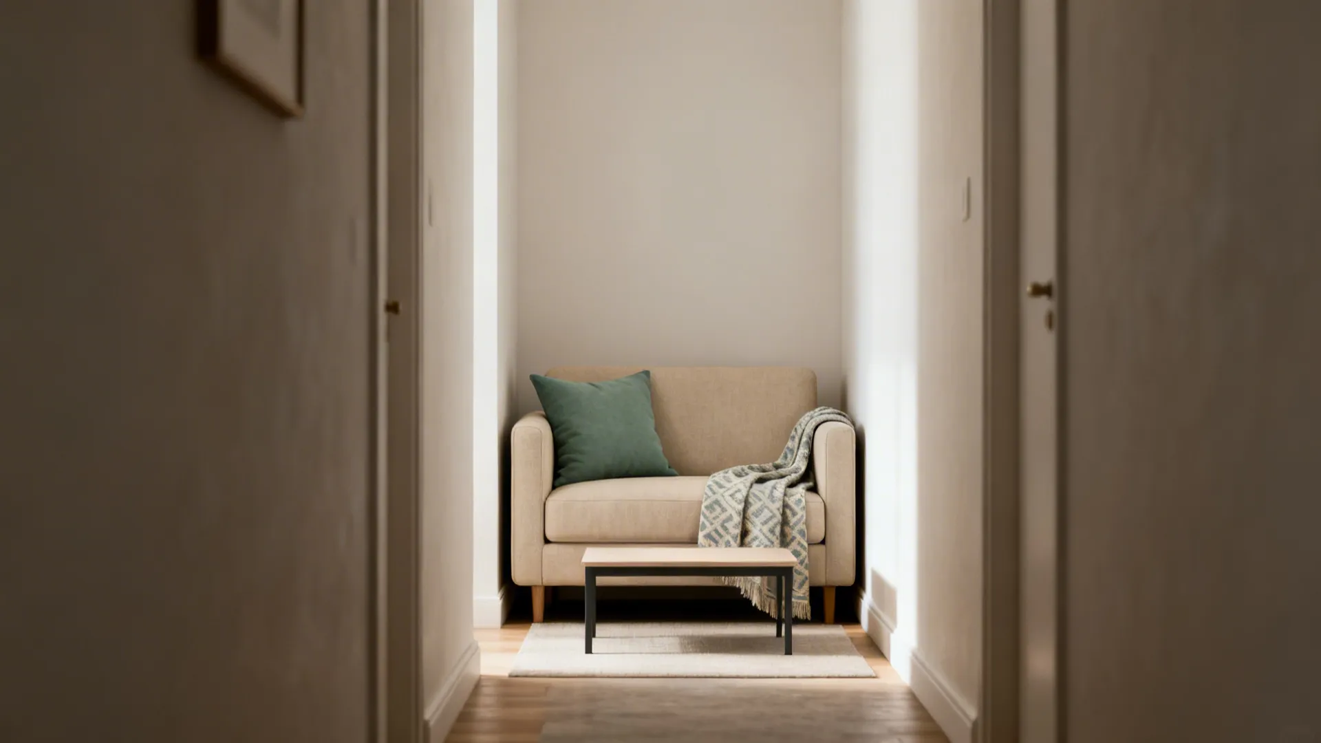 Narrow living room with a compact beige sofa, sage lumbar pillow and a clear circulation path.